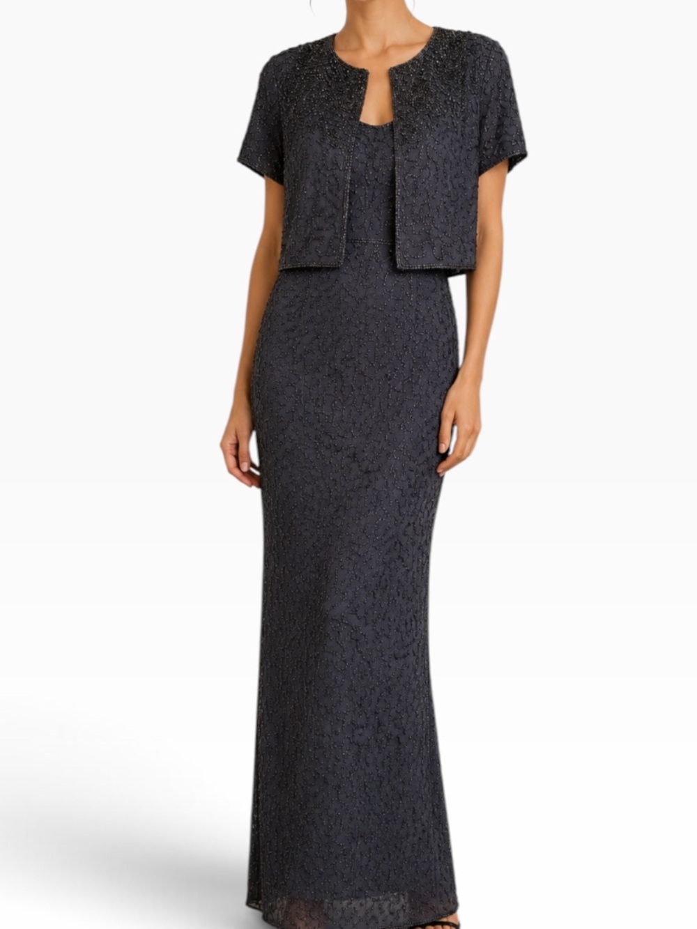 Sean Vintage Navy Blue Silk Gown With All Over Bugle Bead Detail/Cropped Jacket